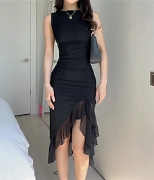 abordables -Femmes Robe Midi Robe noire Robe de remise des diplômes Robe de Soirée Robe de Cocktail Mode Fête Chaud Robe d'Hiver Vacances robe demoiselle d honneur Mince Couleur Unie Sans manches Col ras du cou
