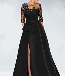 abordables -Robe de Soirée A-Ligne Robe Noire Invité de Mariage Automne Traîne Courte Manches 3/4 Col Bijou Satin avec Broderie Fente Appliques