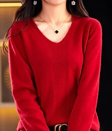 abordables -Femme Pull Mode Décontractées Flexible Couleur unie A côtes Col V Tricoté manche longue Hauts réguliers Tricoter Extérieur du quotidien Sortie Vert forêt Cerise rouge Automne Hiver