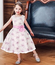cheap -Kids Girls' Dress Floral Sleeveless Party Embroidered Lace Trims Bow Cute Cotton Knee-length Skater Dress Summer 3-10 Years Pink Dusty Rose Red