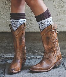 abordables -Mujer Botas Botas cowboy Tallas Grandes Exterior Trabajo Diario Botas a media pierna Remache Con Cordón Talón de bloque Tacón Cuadrado Dedo Puntiagudo Elegante Moda Clásico PU Mocasín Negro Rojo Azul