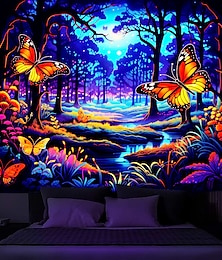 levne -blacklight tapiserie UV reaktivní záře ve tmě motýlí les trippy mlhavá příroda krajina závěsná tapiserie nástěnná malba do obývacího pokoje ložnice