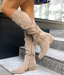 abordables -Botas de gamuza por encima de la rodilla para mujer con diseño holgado: perfectas para la moda de otoño, salidas informales y aventuras al aire libre.
