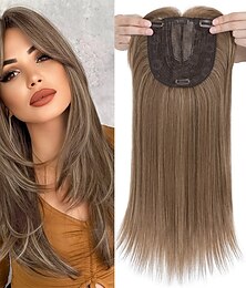 billiga -hårstrån för kvinnor med tunt hår 18 tums toppar hårstrån för kvinnor wiglets med lugg 6x6 spetsbasklämma i syntetiska hårstycken brun blandblond