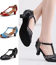 cheap -Women's Latin Shoes Dance Shoes Prom Professional ChaCha Sequins Heel Solid Color High Heel Peep Toe Buckle T-Strap Adults' Black Red Blue
