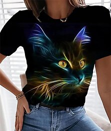 お買い得  -女性用 Tシャツ 猫 日常 週末 プリント ブラック 半袖 ファッション ラウンドネック 夏