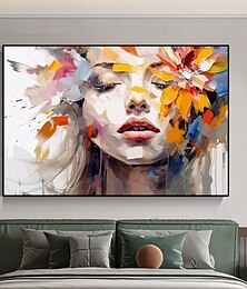 cheap -Handpainted Colorful abstract woman canvas wall art  woman with flower Canvas painting abstract Girl canvas art  fashion woman canvas For Home Bedroom Decor