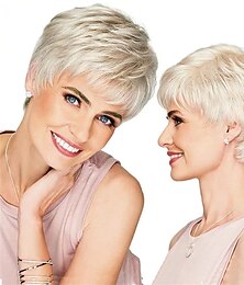 baratos -peruca branca curta para mulheres, peruca branca loira sintética em camadas com corte pixie com franja peruca de cabelo fantasia de aparência natural para mulheres perucas brancas curtas e fofas em