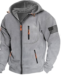 cheap -Independence Day American Flag Hoodie Mens Graphic Tactical Military National Fashion Daily Casual Outerwear Zip Vacation Going Streetwear Hoodies Dark Blue Gray Grey Fleece