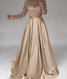cheap -A-Line Evening Gown Elegant Dress Wedding Black Tie Floor Length Long Sleeve Jewel Neck Satin with Sequin 2024