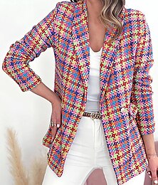 abordables -Women's Blazer Plaid Formal Business Office Blazer Suit Spring Casual Jacket Summer Long Sleeve Fall Yellow S