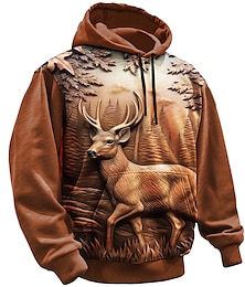 abordables -Hombre Graphic Venados Sudadera Sudaderas Sudadera Manga Larga Sudadera con capucha Con Capucha Moda Impresión 3D Deporte Festivos Vacaciones Azul Piscina Marrón Estampado Bolsillo delantero