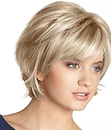 billiga -kort blond peruk med lugg blond mix bruna peruker för vita kvinnor naturligt fluffigt syntetiskt hår damperuker