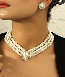 voordelige -Sieradenset 1 set Imitatieparel Strass 1 Ketting Oorbellen Dames Elegant Eenvoudig Meerlaags Sieraden set Voor Bruiloft Feest Bruiloft gast