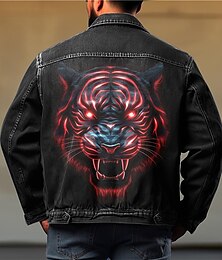 abordables -Hombre Animal Tigre Abrigo Chaqueta de jean Chaqueta de mezclilla Transpirable Cómodo Casual Deporte Noche Fin de semana Botones Estampado Otoño invierno Cuello Vuelto Manga Larga Negro Azul Piscina