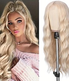 economico -lunga parrucca bionda ondulata 28 pollici ondulato naturale 613 parrucca lunga parrucca bionda platino per le donne parrucca sintetica parte centrale halloween parrucche cosplay per le donne