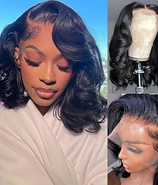 cheap -14 Inch Short Bob Wig Human Hair Wigs For Black Women 13x4  Lace Front Wigs Pre Plucked Transparent HD Brazilian Body Wave Lace Frontal Wigs Loose Wavy Human Hair Wig