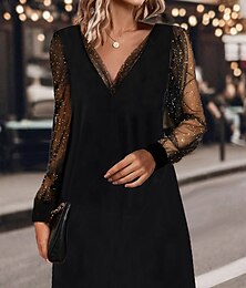 olcso -Női Fekete ruha Party ruha Flitter Háló V-alakú Hosszú ujj Mini ruha Elegáns Szikra Előírásos Fekete Tavasz