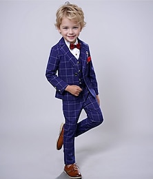 cheap -3 Pieces  Kids Boys Blazer Tank Pants Clothing Set Long Sleeve Outfit Blue Gray Wine Plaid Suit School Gentle Preppy Style 3-13 Years