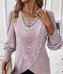 cheap -Women's Lace Shirt Shirt Blouse Plain Casual Pink Blue Gray Lace Long Sleeve Fashion Round Neck Regular Fit Spring