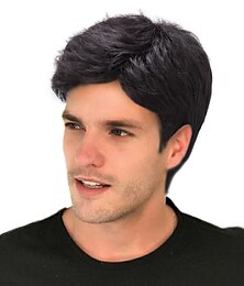 cheap -Mens Short Black Wigs Layer Wavy Wigs for Men Natural Synthetic Hair Wig for Man Men Guy Cosplay Anime Party Costume Anime