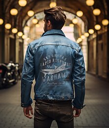 cheap -Letter Airplane Casual Men's Coat Denim Jacket Sports & Outdoor Going out Weekend Fall & Winter Turndown Long Sleeve Black Blue M L XL Denim Jacket