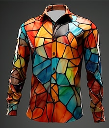 cheap -Color Block Colorful Artistic Abstract Men's Shirt Daily Wear Going out Fall & Winter Turndown Long Sleeve Blue, Orange, Green S, M, L 4-Way Stretch Fabric Shirt