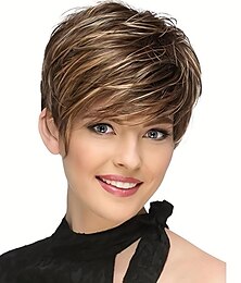 abordables -Perruques courtes coupe lutin pour femmes, coupes de cheveux courtes, perruque synthétique à reflets mixtes avec frange