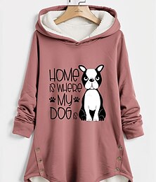 abordables -Sudadera con capucha para mujer, jersey con estampado de perro sherpa, informal, con botones, deportiva, cálida, divertida y difusa, de manga larga, microelástica, para otoño&amp;Tejido suave,