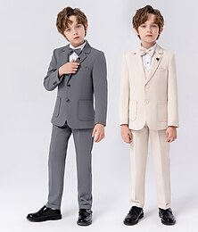 abordables -6 Piezas Niños Chico Traje y chaqueta Vestimenta Color sólido Manga Larga Botón Establecer Formal Fresco Otoño Invierno 7-13 años Conjunto gris de 5 piezas (chaqueta + chaleco + pantalón + Conjunto
