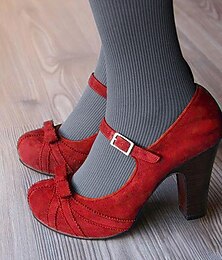 preiswerte -Schwarze rote Mary Jane Pumps aus Wildleder für Damen mit Schleifendetail und Blockabsatz - Vintage Style für Partys und festliche Anlässe