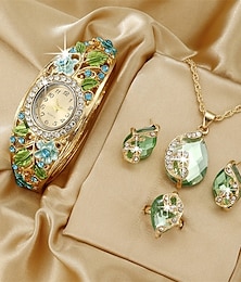 abordables -Juego de 5 piezas de pulsera de lujo para mujer, relojes de cuarzo, brazalete de cuarzo con diamantes de imitación de moda, reloj de pulsera analógico con puntero ovalado, conjunto de joyería, regalo para mamá y ella