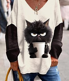 preiswerte -Damen Übergroße Sweatshirt Pullover Zur Seite fahren Katze Casual Sport Bedruckt Schwarz Rote Marineblau Aktiv Sportbekleidung Lustig Lockere Passform V Ausschnitt Langarm Oberteil Mikro-elastisch