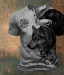 voordelige -Grafisch Wolf Viking Modieus Retro vintage Klassiek Voor heren 3D-afdrukken T-shirt Henley-shirt Buitensporten Feestdagen Uitgaan T-shirt blauw Groen Khaki Korte mouw Henley Overhemd Lente zomer