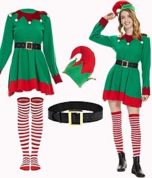 ieftine -Elf Rochie de Crăciun Costume Moș Costume Cosplay Pentru femei Costum Cosplay Crăciun Crăciun Mascaradă Adulți Petrecere Crăciun Poliester Rochie Centură Șosete Pălărie
