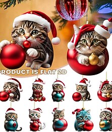 お買い得  -クリスマス猫の飾り、アクリル2Dフラットプリントクリスマスツリー飾り、猫好きのための車のバックミラーアクセサリー