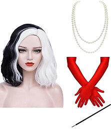 abordables -cruella deville peluca blanco y negro pelucas para cruella deville traje de las mujeres cruella peluca con guantes peluca de pelo ondulado y rizado corto pelucas de halloween