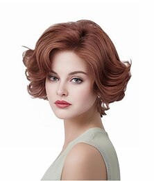 billiga -rugelyss ingefära korta vågiga peruker med lugg lockigt kastanjebrunt hår peruk syntetiska peruker för kvinnor för cosplay eller halloween