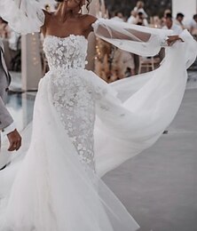 economico -Salone da Sposa da Spiaggia Abiti da Sposa Formali A-Line Scollatura a Cuore Maniche Lunghe Strascico Corte Pizzo Gonne da Sposa con Pieghe Applicazioni