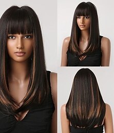 זול -פאות שחורות ארוכות לנשים באורך כתף שחור מעורב בלונד עם פוני החלפת שיער פאה סינתטית טבעית פאה לשימוש יומי למסיבה פאות ברביקור