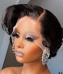 Недорогие -человеческие волосы 13x4 кружевной передний парик с стрижкой пикси волна боб прозрачный парик из натуральных волос на кружеве спереди бразильские кружевные фронтальные парики для женщин боковая часть