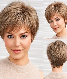 preiswerte -Kurze blonde braune Perücken für Frauen, Memory-Faser, simuliertes Echthaar, Pixie-Lockenperücke mit Pony, natürliches Haar für den täglichen Gebrauch (Farbe: jr14#)