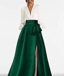 cheap -A-Line Evening Gown Elegant Dress Formal Sweep / Brush Train Formal Red Green Dress Long Sleeve V Neck Satin with Pleats Slit 2024