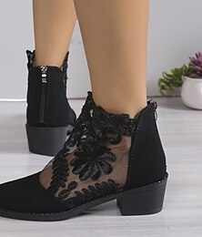 abordables -Botines negros de encaje para mujer con diseño de malla floral y tacón bajo en bloque: calzado elegante para ocasiones informales y elegantes