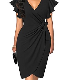 cheap -Women's Work Dress Black Dress Sheath Dress Semi Formal Dress Office Daily Workfashion Mini Dress Lace up Ruched V Neck Short Sleeve Plain Regular Fit Black Pink Wine Fall Winter