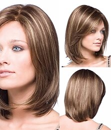 baratos -perucas bob loiras mistas curtas para mulheres brancas perucas de cabelo sintético na altura dos ombros com franja lateral loira reta destaca peruca bob feminina