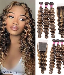 cheap -10A Bundles with Closure Ombre Loose Deep Curly Human Hair Bundles with Closure 4/27 Loose Deep 3 Bundles and Closure(12 14 1612) 100% Unprocessed Real Virgin Hair with Closure Free Part