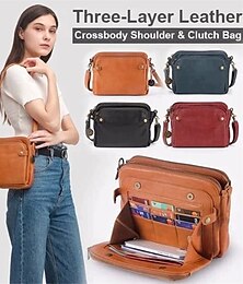 abordables -Sac à bandoulière et pochette vintage en cuir à trois couches pour femme – conception à plusieurs compartiments pour une utilisation décontractée, professionnelle et de voyage
