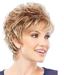 economico -parrucche corte bionde miste con taglio pixie per donne bianche parrucca sintetica con frangia per capelli sintetici a strati ondulati biondi misti castano ramato shaggy