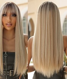 billige -allbell lange rette blonde parykker med pannelugg ombre hår syntetiske parykker for kvinner varmebestandig fiber